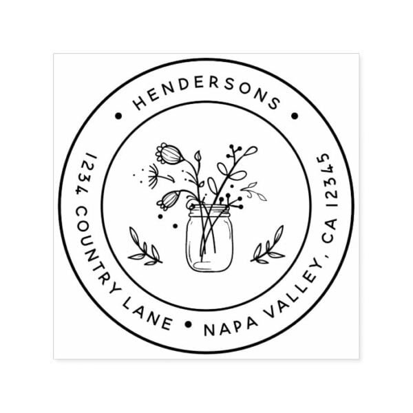 Mason Jar Flowers Round Return Address Self-inking Stamp