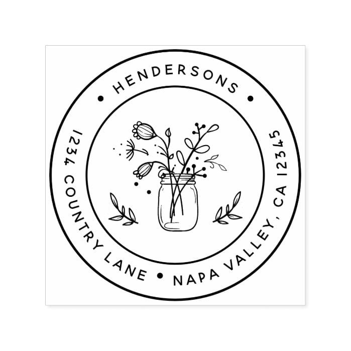 Mason Jar Flowers Round Return Address Self-inking Stamp