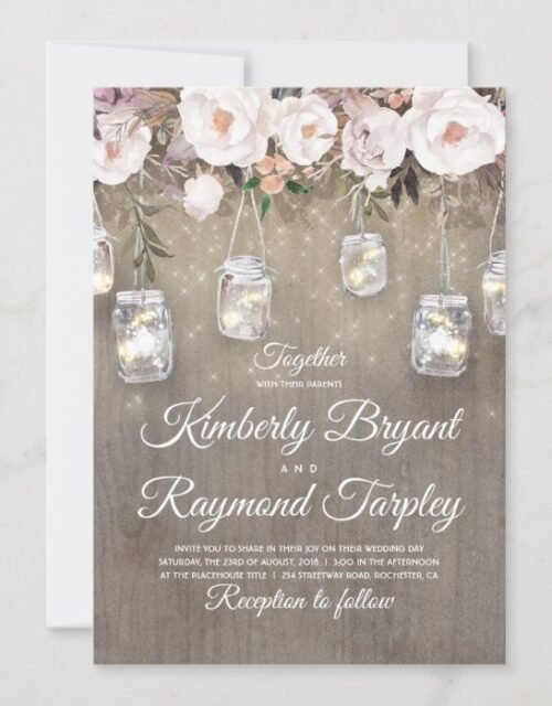 Mason Jar Lights Floral Rustic Wedding Invitation