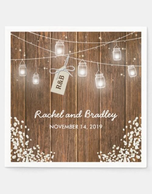 Mason Jar Lights Rustic Babys Breath Wedding Paper Napkins