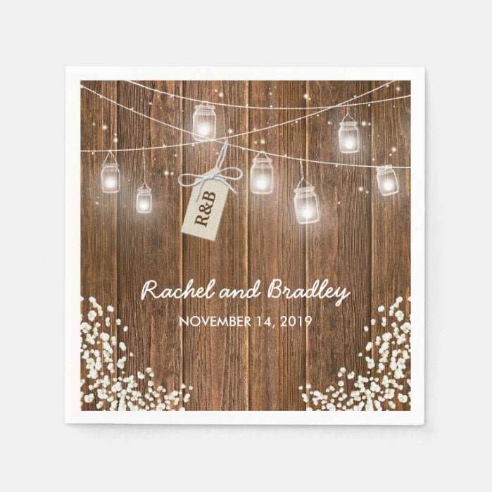 Mason Jar Lights Rustic Babys Breath Wedding Paper Napkins