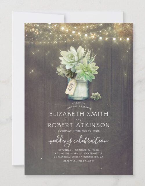 Mason Jar Succulent Bouquet Rustic Country Wedding Invitation