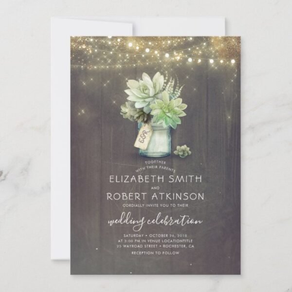 Mason Jar Succulent Bouquet Rustic Country Wedding Invitation