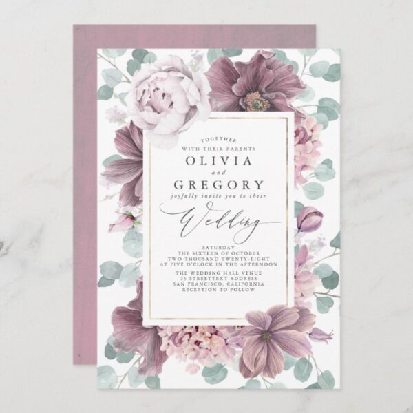 Mauve Flowers and Greenery Elegant Stylish Wedding Invitation