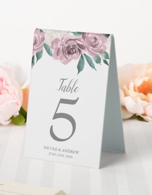 Mauve Watercolor Roses Floral Wedding Table Tent Sign