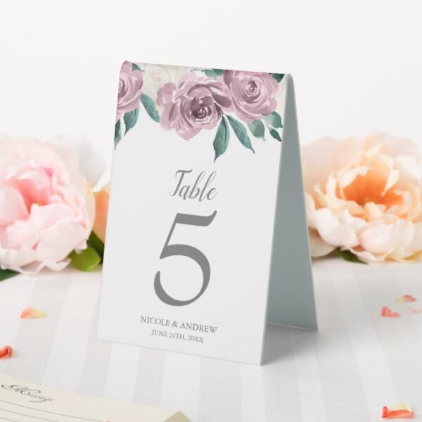 Mauve Watercolor Roses Floral Wedding Table Tent Sign