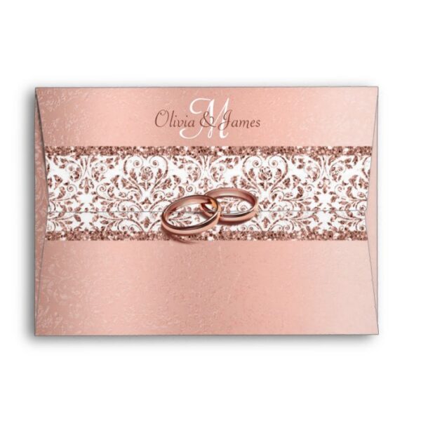 Metallic Rose Gold Monogram Damask Wedding Envelope