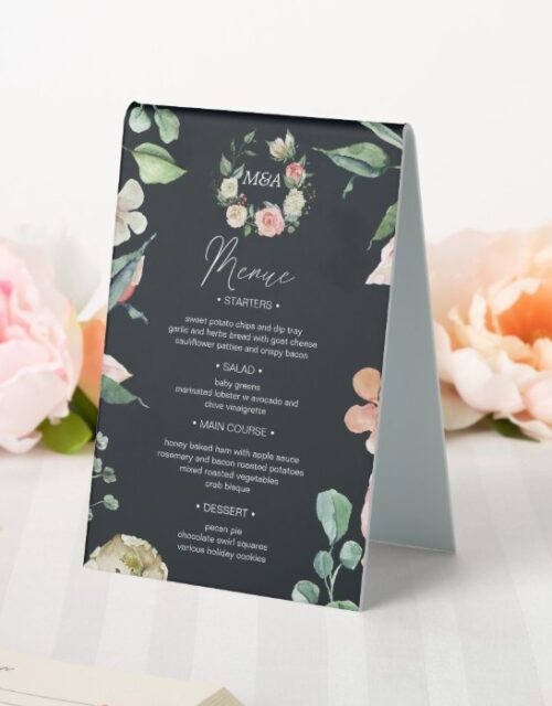 midnight bloom floral menue table number table tent sign