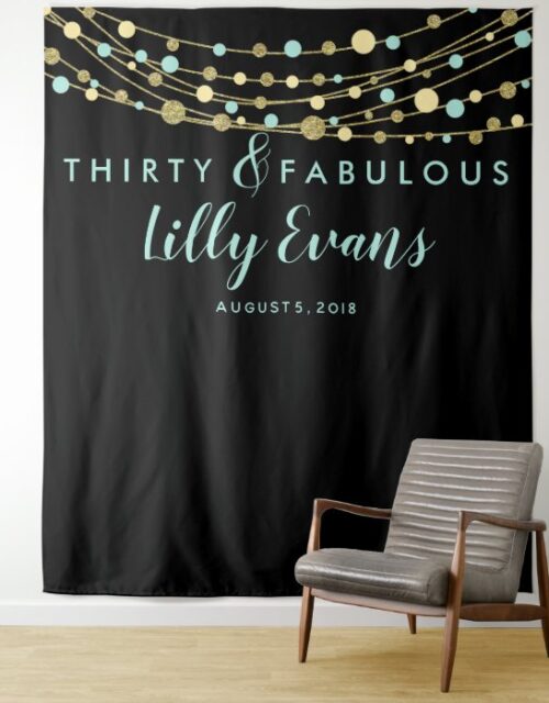 milestone birthday party banner teal and gold tapestry