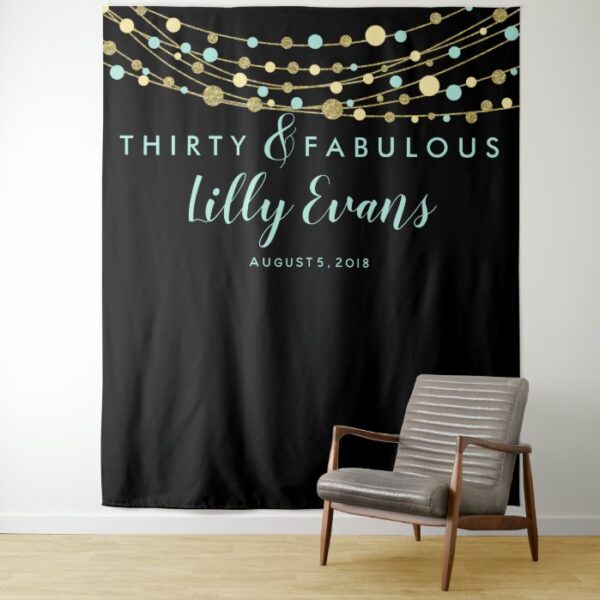 milestone birthday party banner teal and gold tapestry