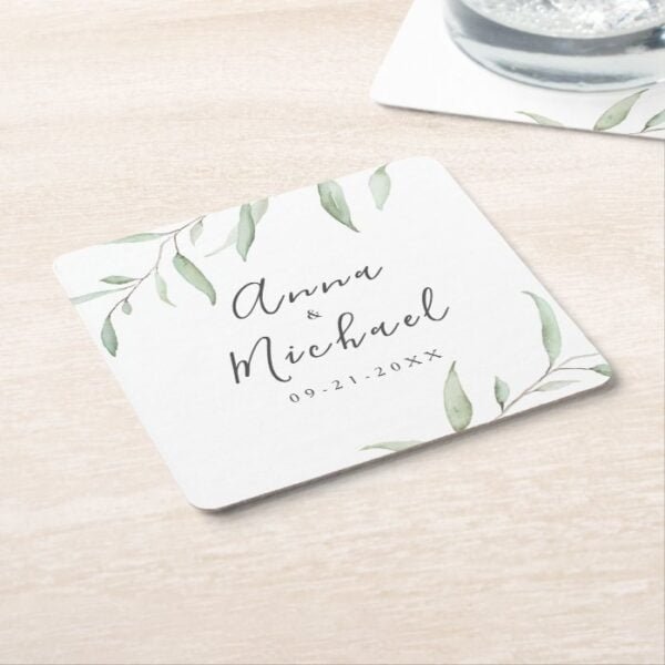 Minimal greenery rustic wedding square paper coaster