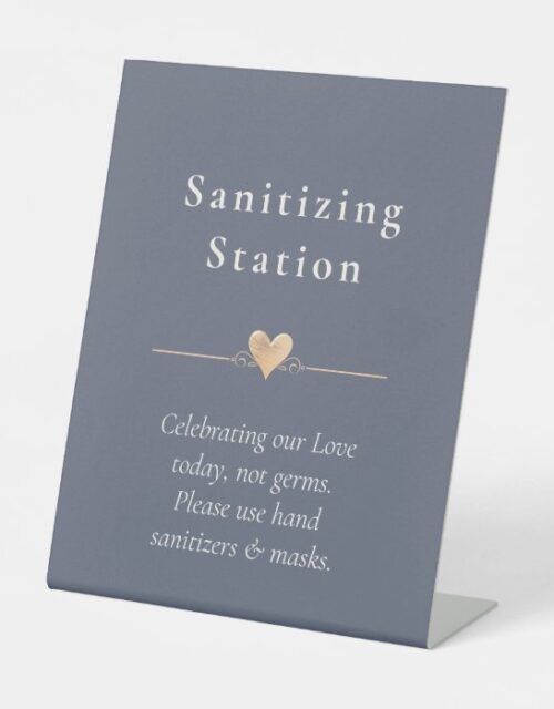 Minimal Wedding Heart Sanitizing Station Navy Blue Pedestal Sign