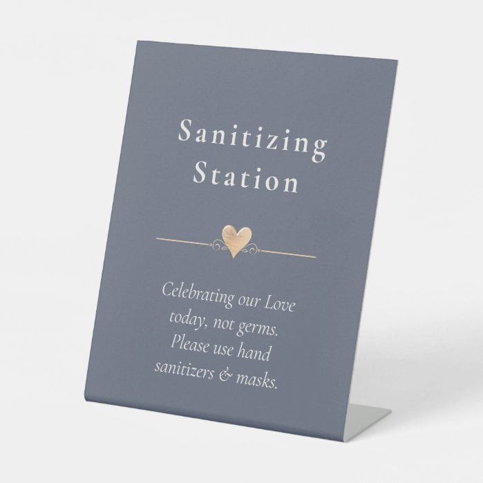 Minimal Wedding Heart Sanitizing Station Navy Blue Pedestal Sign