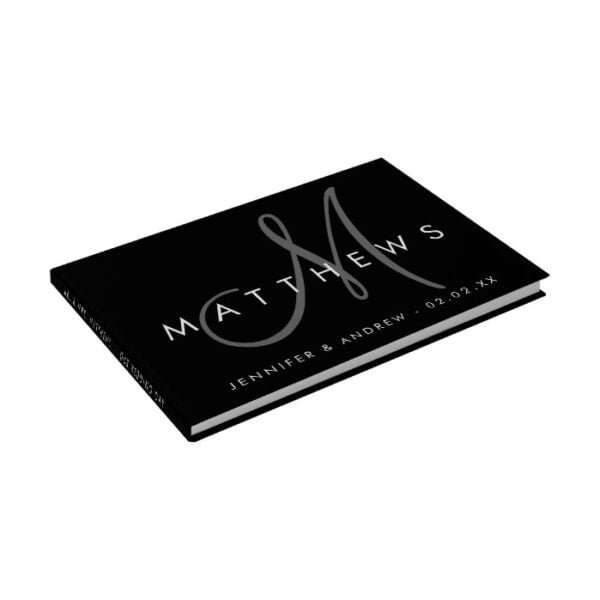 Minimalist Black Modern with Gray Monogram Wedding Guest Book