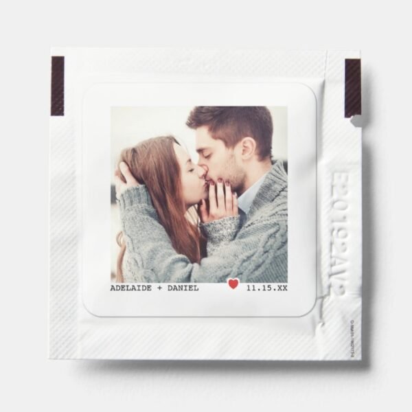 Minimalist Black Typing, Red Heart Wedding Photo Hand Sanitizer Packet