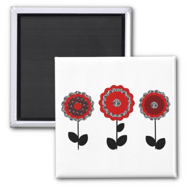 Minimalist Floral Design Motif Red Black White Magnet