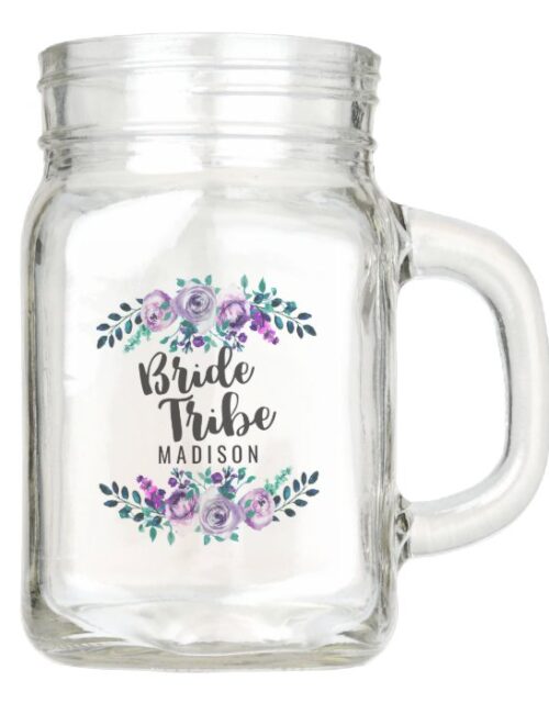 Mint & Purple Floral Wreath Wedding Bride Tribe Mason Jar