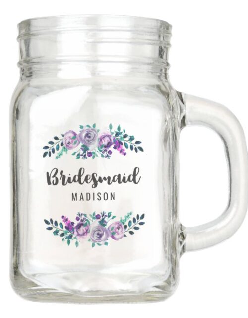 Mint & Purple Floral Wreath Wedding Bridesmaid Mason Jar