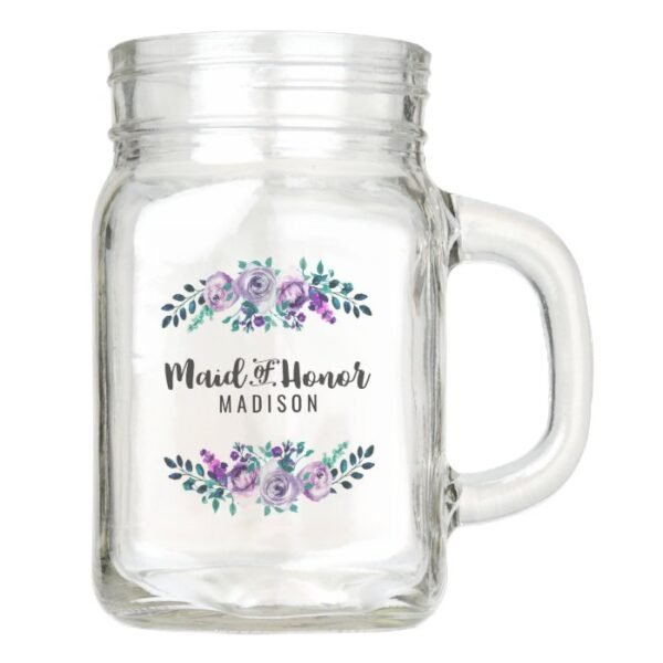 Mint & Purple Floral Wreath Wedding Maid of Honor Mason Jar