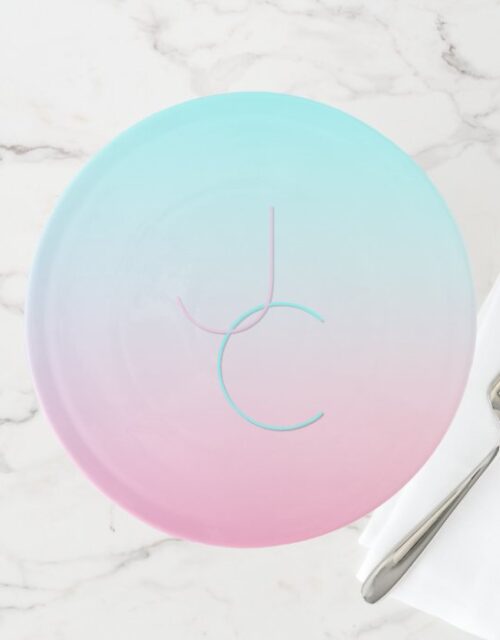 Modern 2 Overlapping Initials | Turquoise Pink Cake Stand