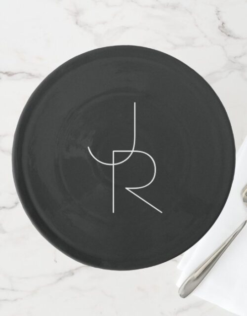 Modern 2 Overlapping Initials | White on Black Cake Stand