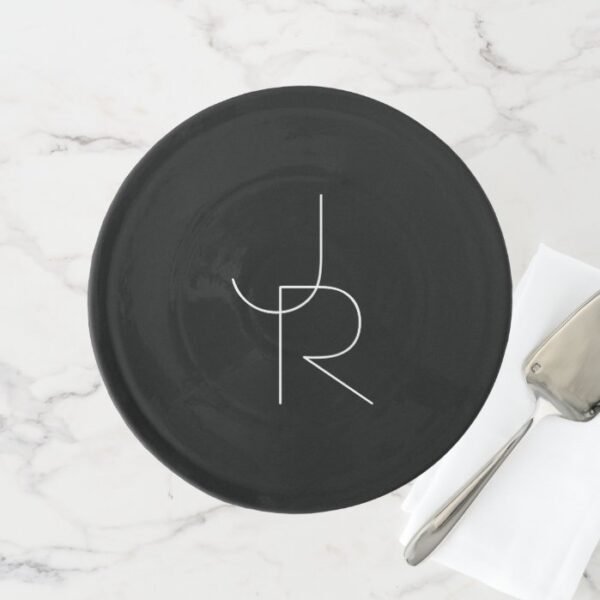 Modern 2 Overlapping Initials | White on Black Cake Stand