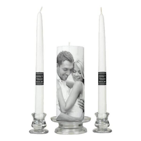 Modern Black and White Wedding Photo Monogram Unity Candle Set