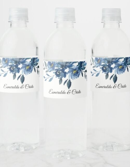 Modern Blue Floral Water Bottle Label