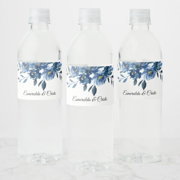 Modern Blue Floral Water Bottle Label