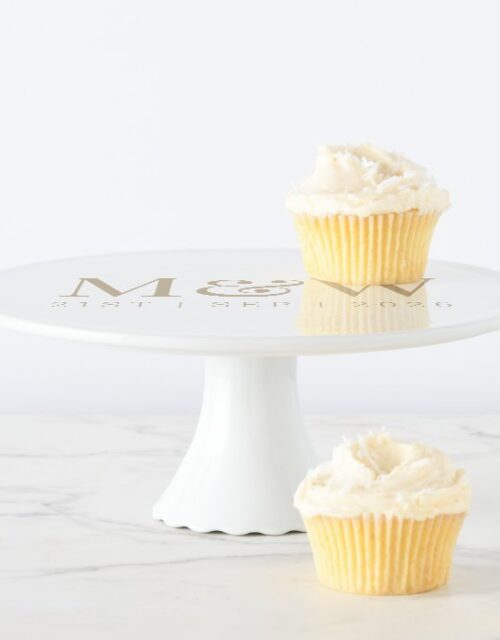 Modern Bride Groom Gold Monogram White Cake Stand