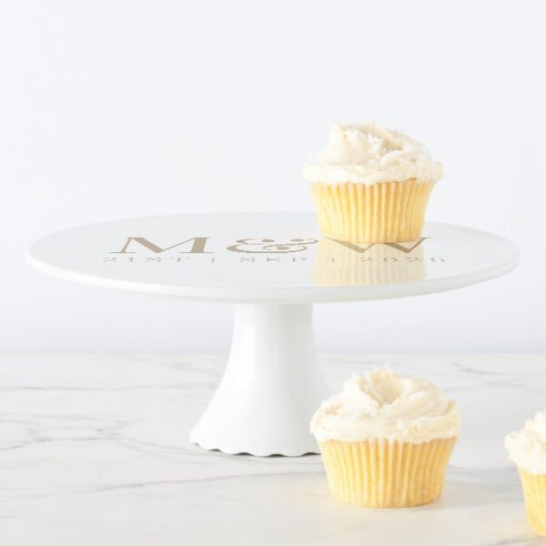 Modern Bride Groom Gold Monogram White Cake Stand