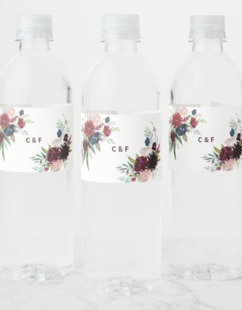 Modern Burgundy Navy Floral Water Bottle Label
