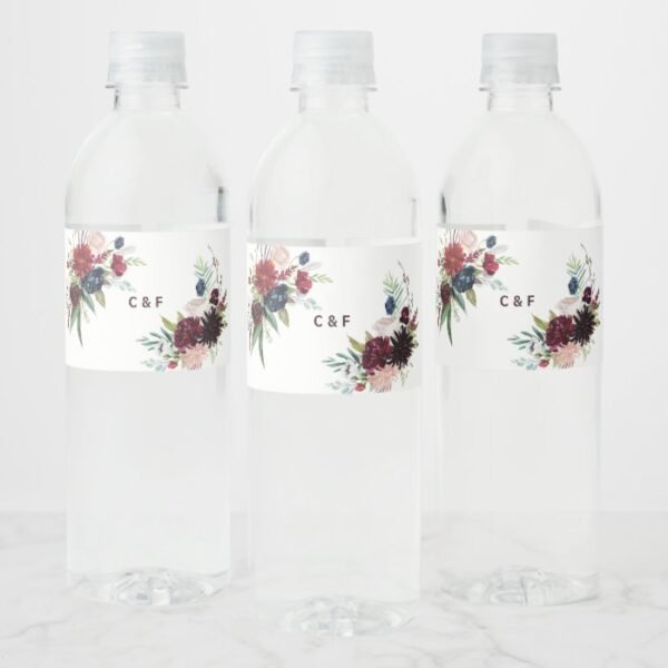 Modern Burgundy Navy Floral Water Bottle Label