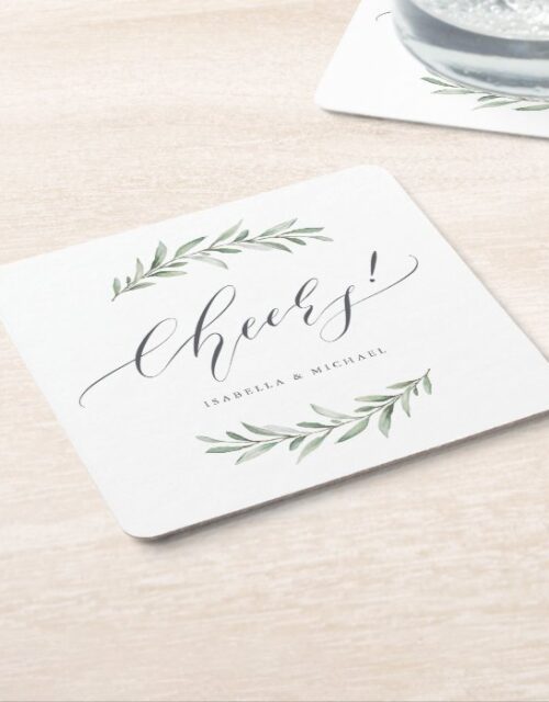 Modern calligraphy cheers rustic greenery wedding square paper coaster