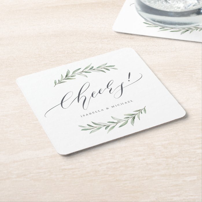 Modern calligraphy cheers rustic greenery wedding square paper coaster