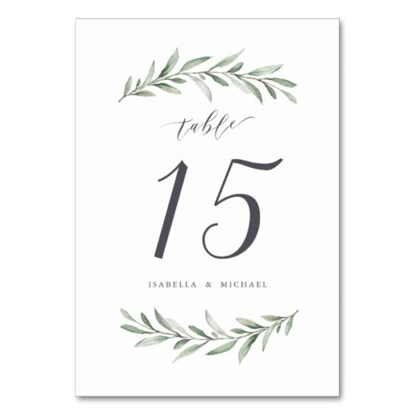 Modern calligraphy rustic greenery wedding table number