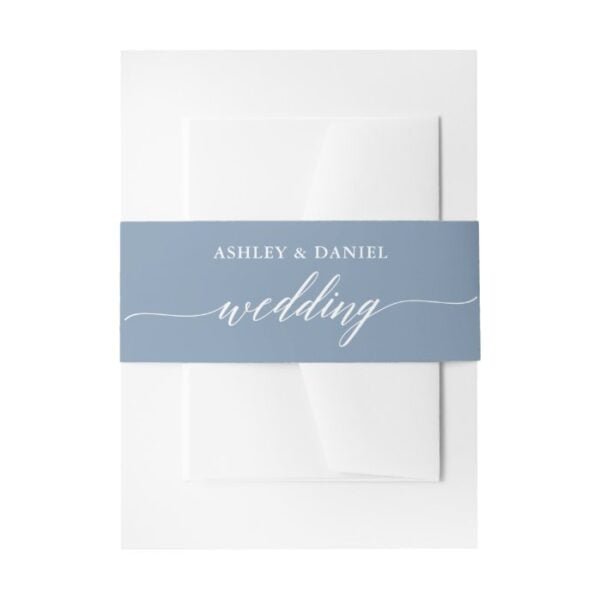 Modern Calligraphy Wedding Dusty Blue Invitation Belly Band