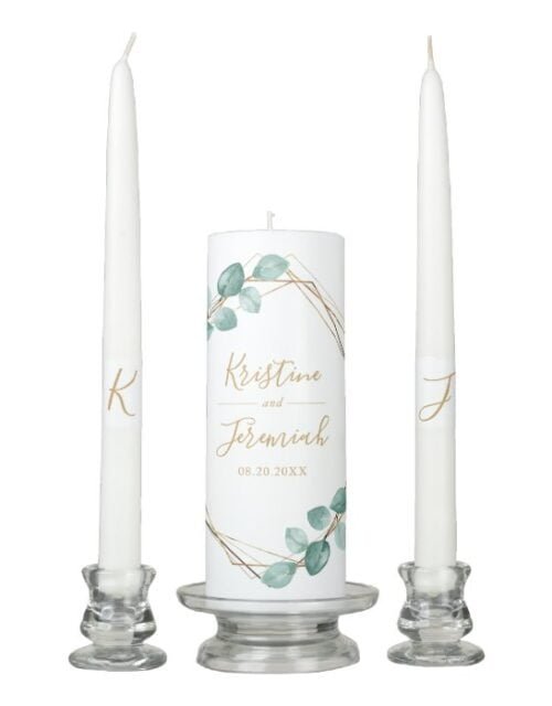 Modern Eucalyptus Watercolor Greenery Gold Frame Unity Candle Set
