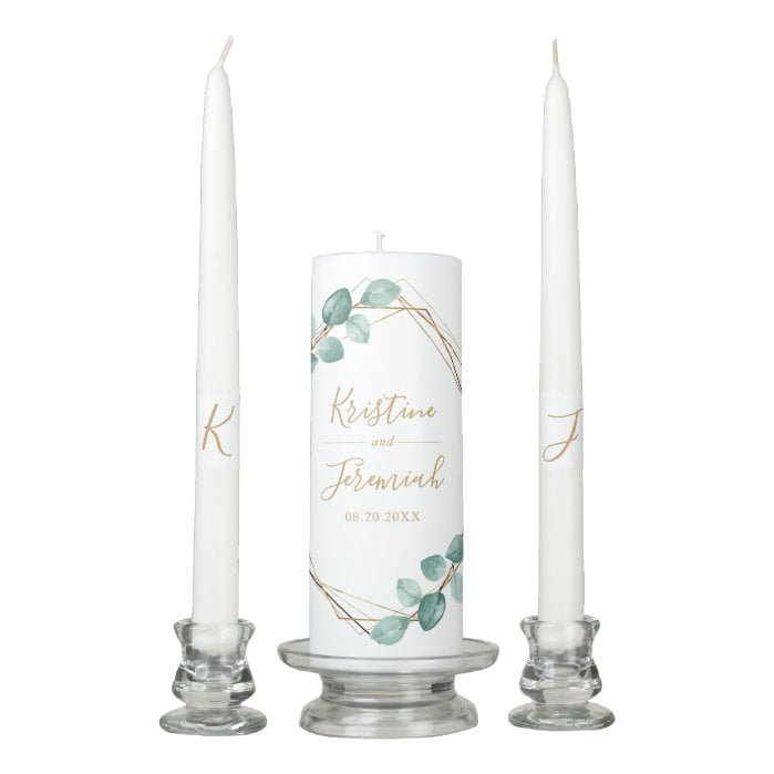 Modern Eucalyptus Watercolor Greenery Gold Frame Unity Candle Set