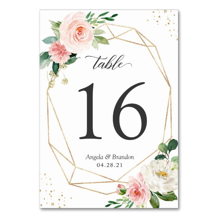 Modern Geometric Blush Floral Wedding Table Number
