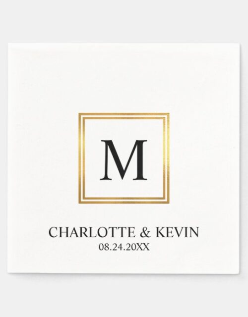 Modern Gold Frame Black White Monogram Wedding Napkins