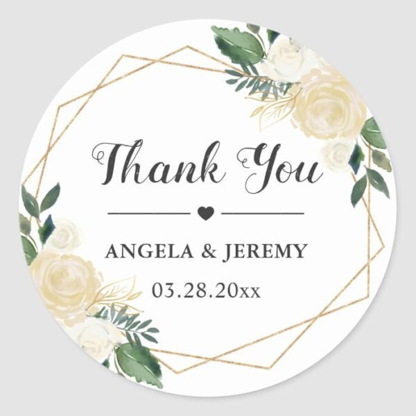 Modern Gold Green Floral Wedding Favor Thank You Classic Round Sticker