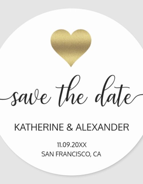 Modern Gold Heart White Wedding SAVE THE DATE Classic Round Sticker