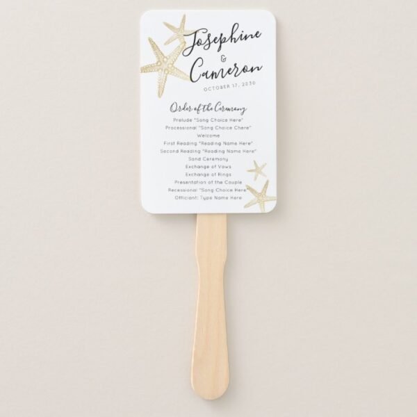 Modern Gold Starfish Beach Wedding Program Hand Fan