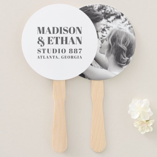 Modern Gray Bold Block Letters Photo Wedding Hand Fan