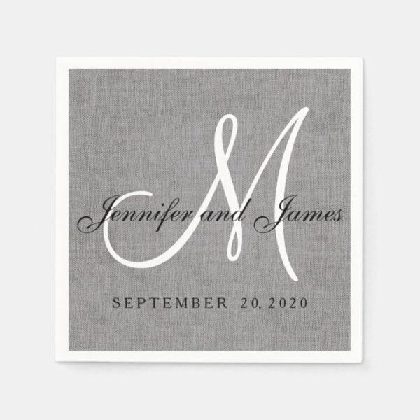 Modern Gray Linen Monogram Wedding Paper Napkins