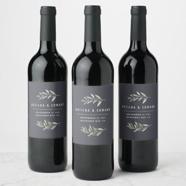 Modern minimal olive branch foliage wedding party wine label