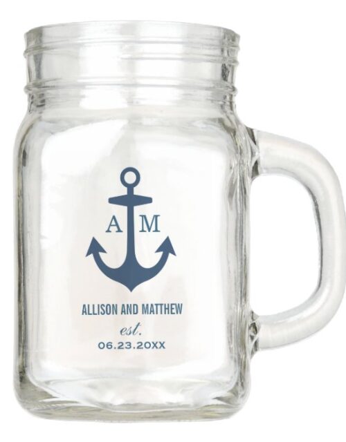 Modern Navy Blue Nautical Anchor Wedding Monogram Mason Jar