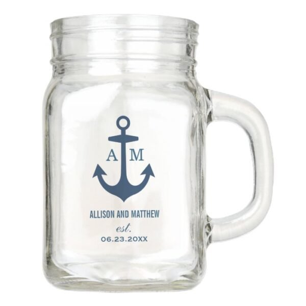 Modern Navy Blue Nautical Anchor Wedding Monogram Mason Jar