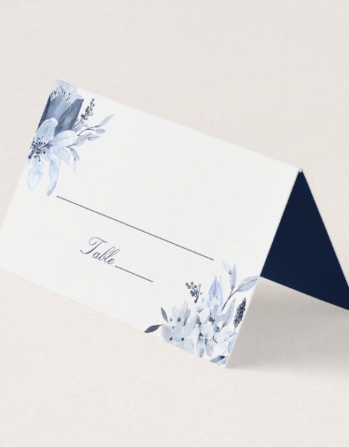 Modern Navy Blue Watercolor Floral Place Card